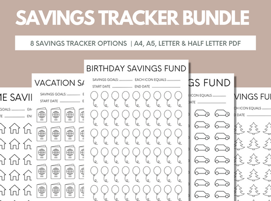 8 Savings Tracker Printable PDFs - 5 Sizes - Christmas, Vacation & More