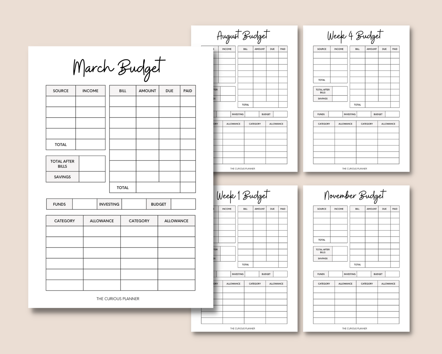 Monthly and Weekly Budget Sheet Printable PDF (12 Months- 5 Weeks - A4 and A5)