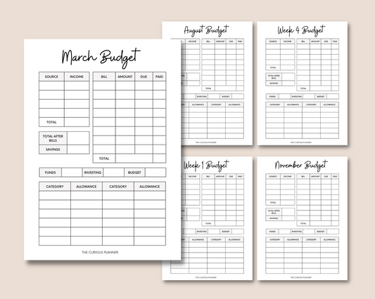 Monthly and Weekly Budget Sheet Printable PDF (12 Months- 5 Weeks - A4 and A5)